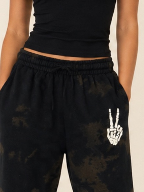 Bowery Supply Co Pants - Tie-Dye Black & Brown Jogger Pant skeleton Peace Hand Graphic Bowery supply co M